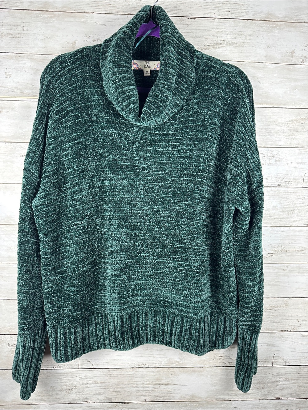 Pink Rose Dark Green Chenille Turtleneck Sweater Knit Pullover Size XL